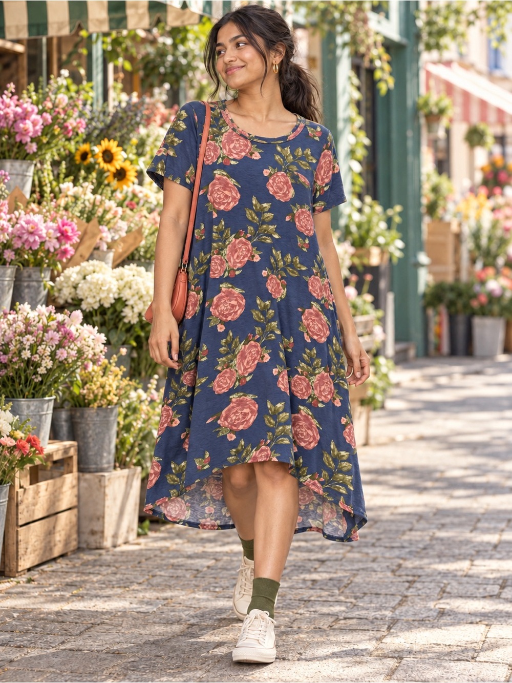 LuLaRoe Navy Blue Floral Hi‑Low Short Sleeve Dress